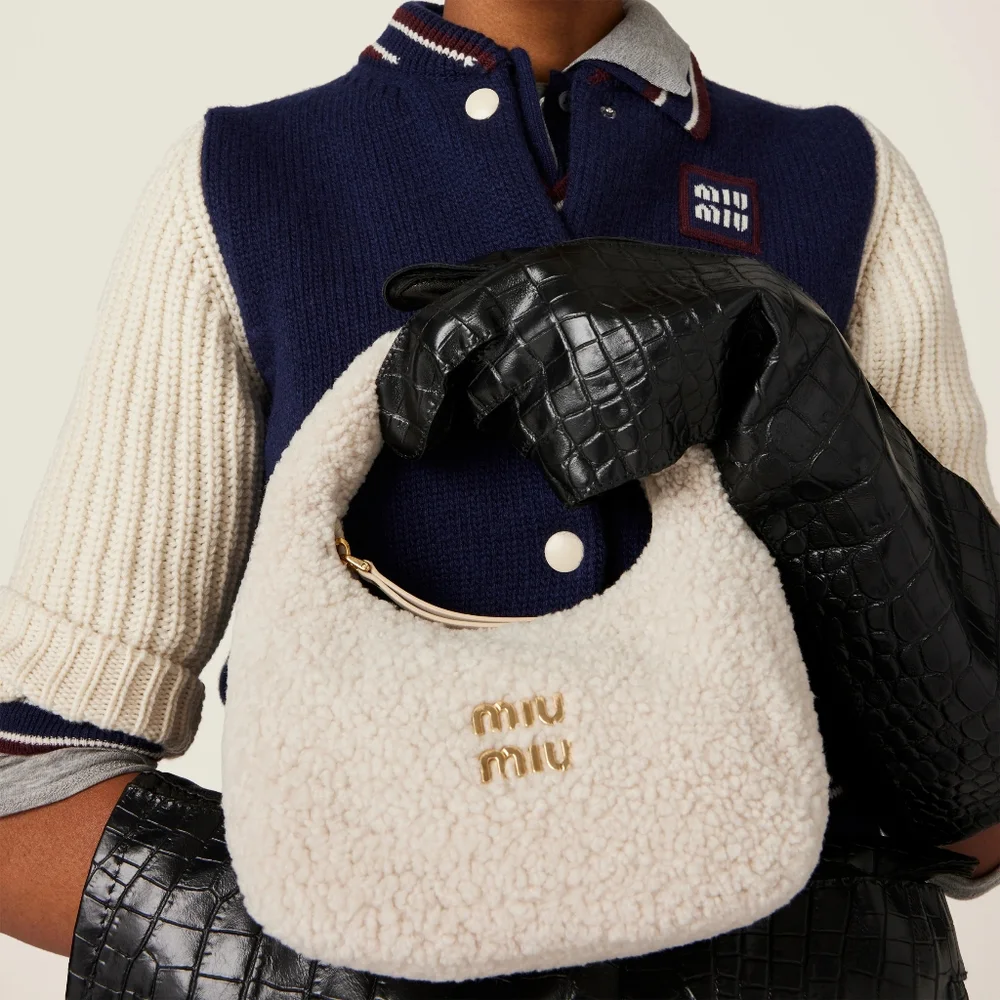 Miu Miu Cream Wander Shearling Hobo Handbag/Crossbody